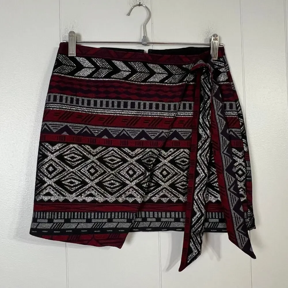 Express Size 2 Metallic Aztec Faux Wrap Mini Skirt Burgundy Silver